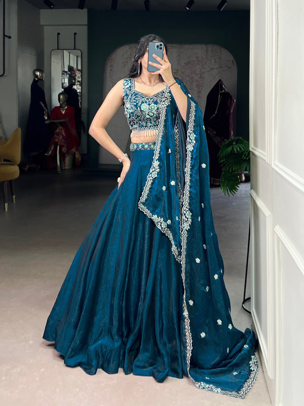 Designer Teal Blue Color Sequins And Embroidery Lehenga Choli