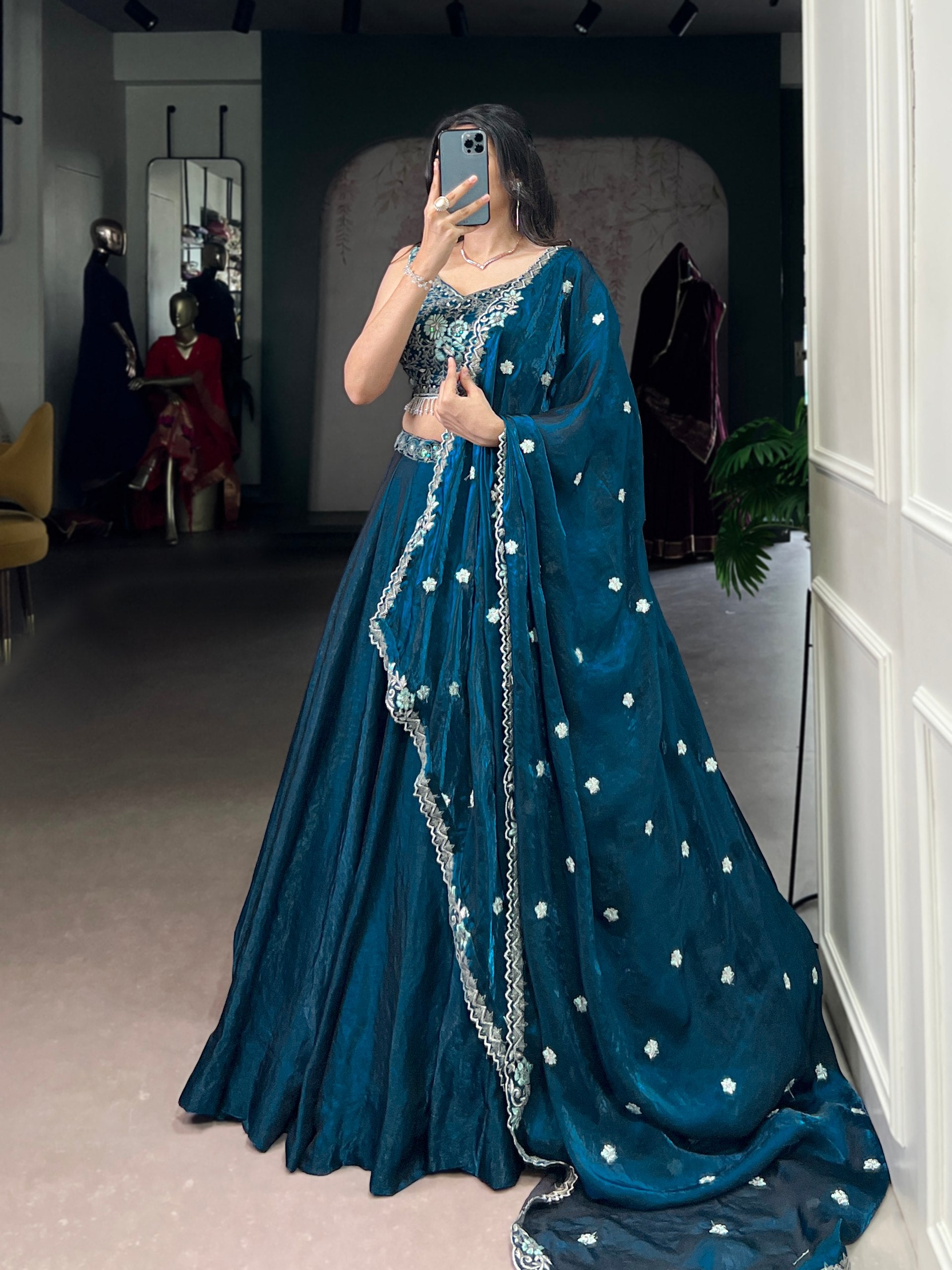 Designer Teal Blue Color Sequins And Embroidery Lehenga Choli