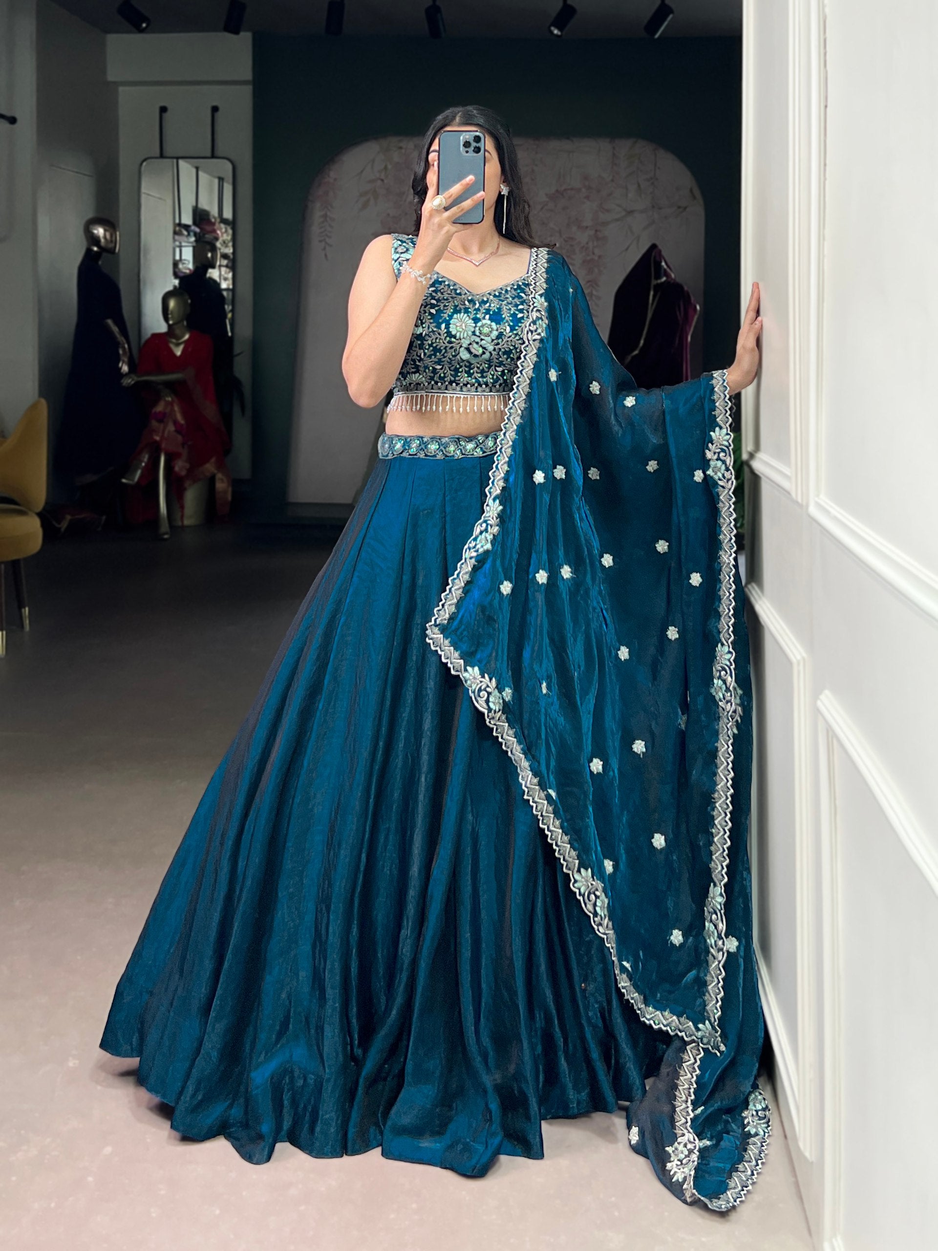 Designer Teal Blue Color Sequins And Embroidery Lehenga Choli