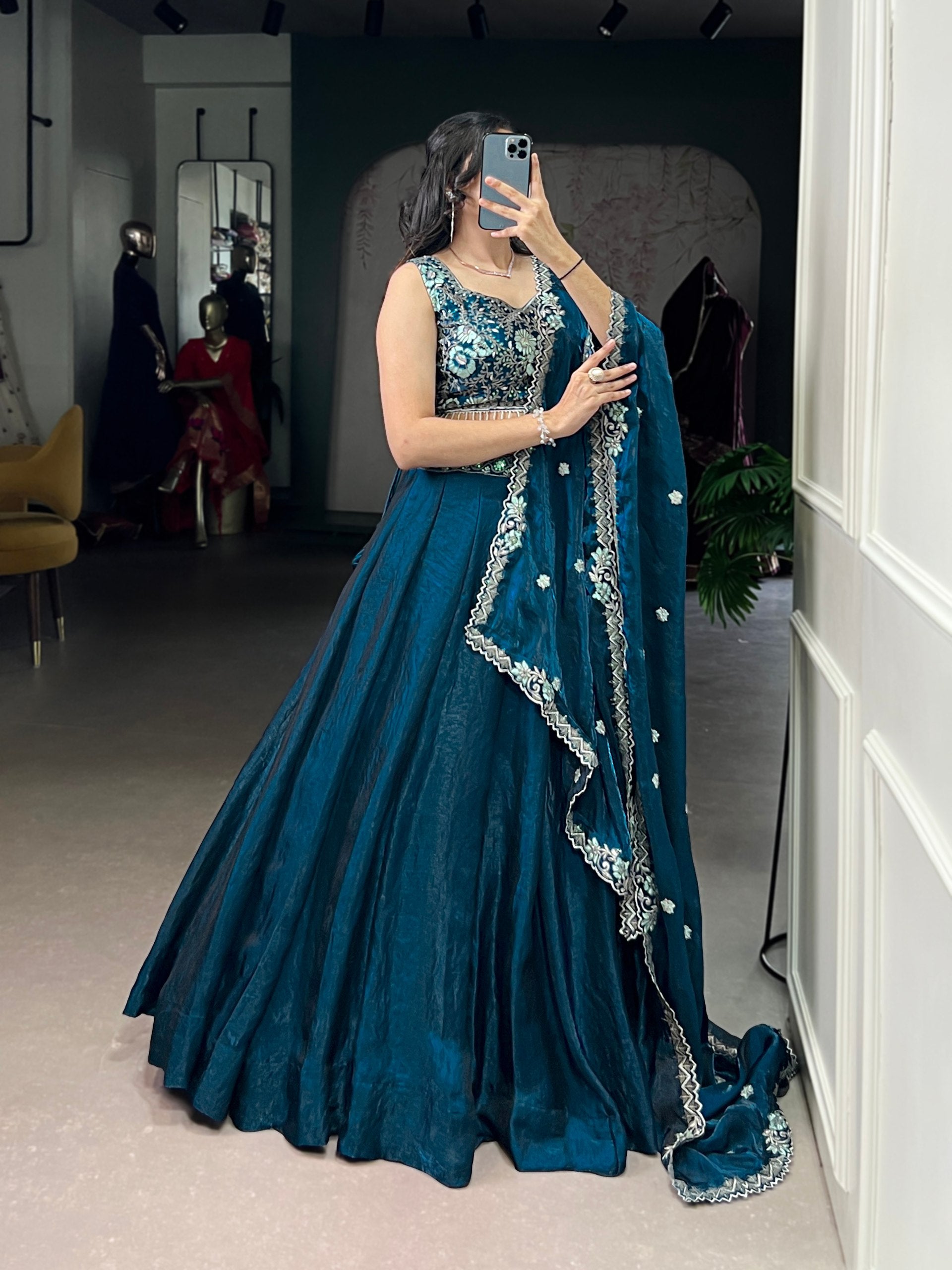 Designer Teal Blue Color Sequins And Embroidery Lehenga Choli