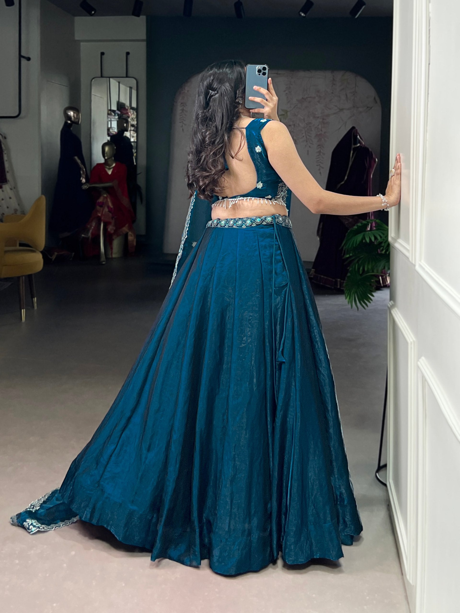 Designer Teal Blue Color Sequins And Embroidery Lehenga Choli