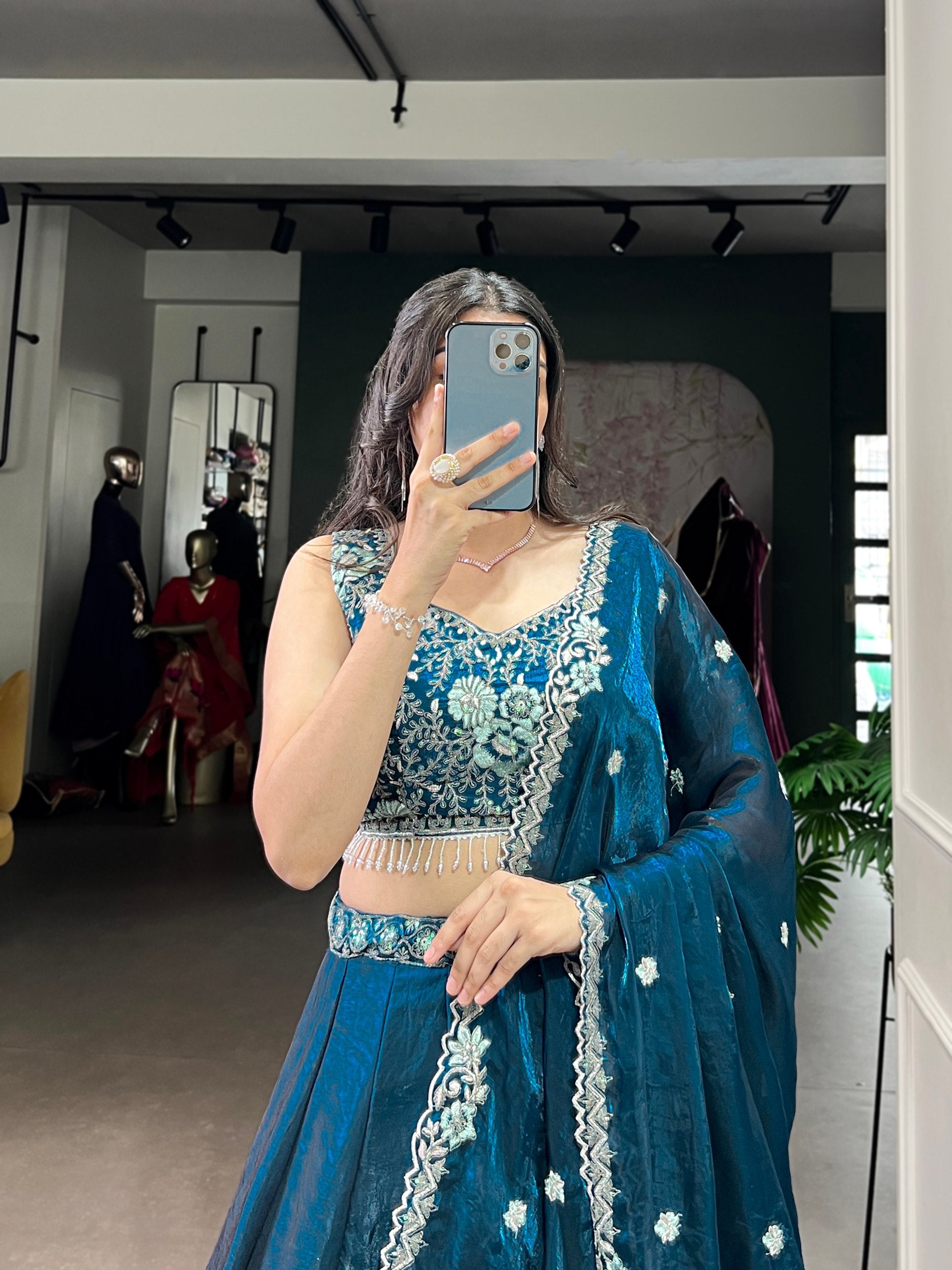 Designer Teal Blue Color Sequins And Embroidery Lehenga Choli