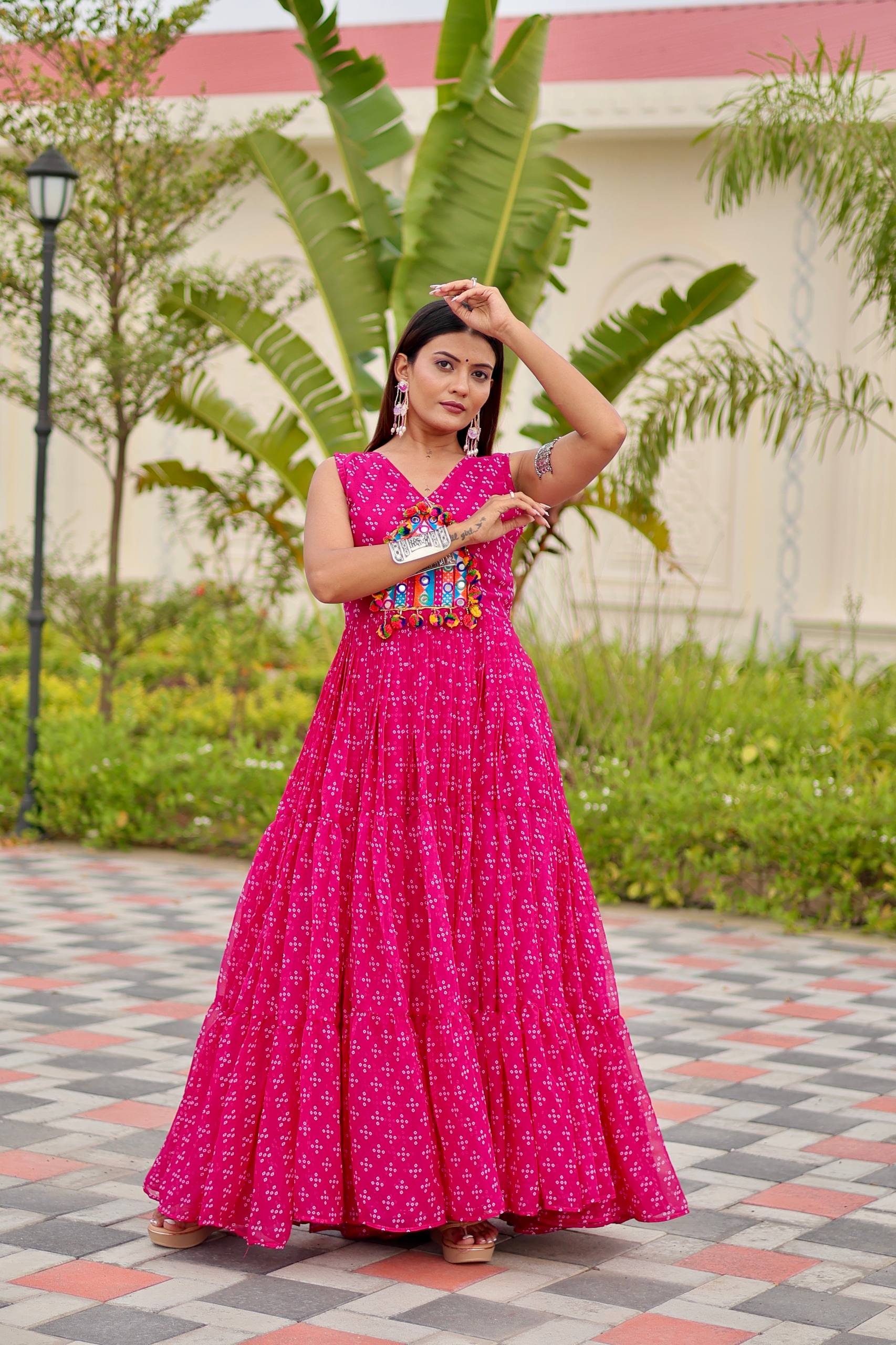 Navratri Garba Nights Pink Color Gamathi Work Gown