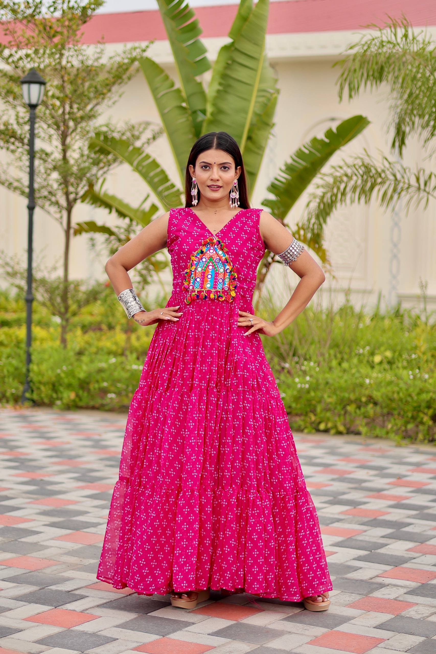 Navratri Garba Nights Pink Color Gamathi Work Gown