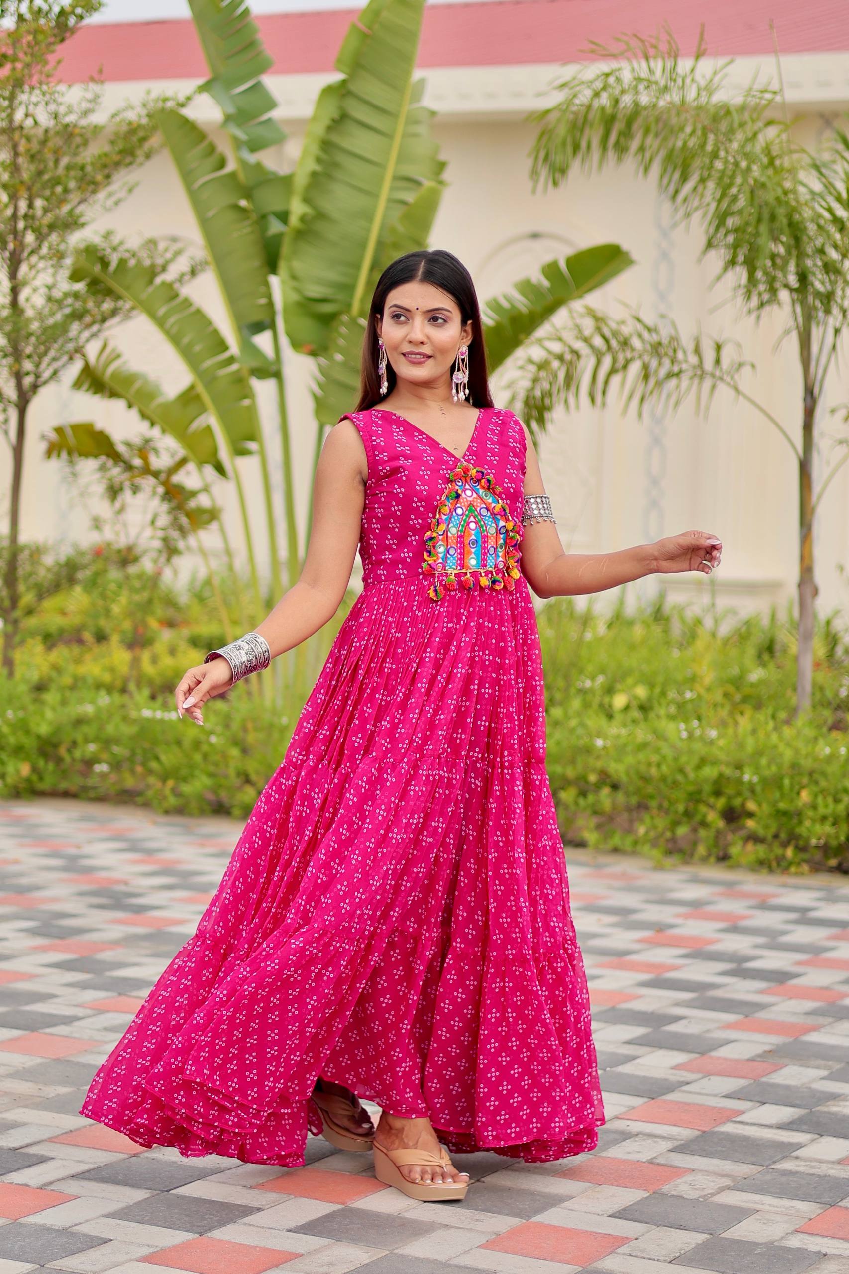 Navratri Garba Nights Pink Color Gamathi Work Gown
