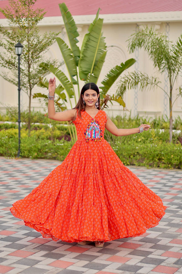 Navratri Garba Nights Orange Color Gamathi Work Gown