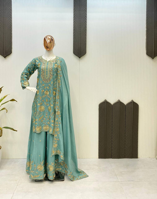 Fantastic Aqua Green Color Chinon With Sequence Embroidery Work Palazzo Suit