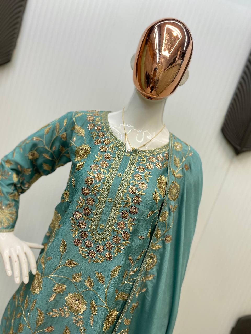 Fantastic Aqua Green Color Chinon With Sequence Embroidery Work Palazzo Suit