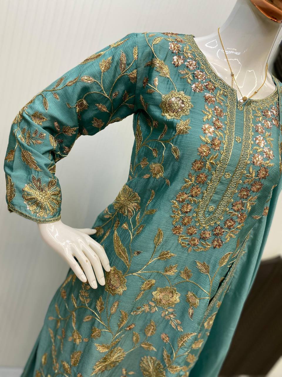 Fantastic Aqua Green Color Chinon With Sequence Embroidery Work Palazzo Suit