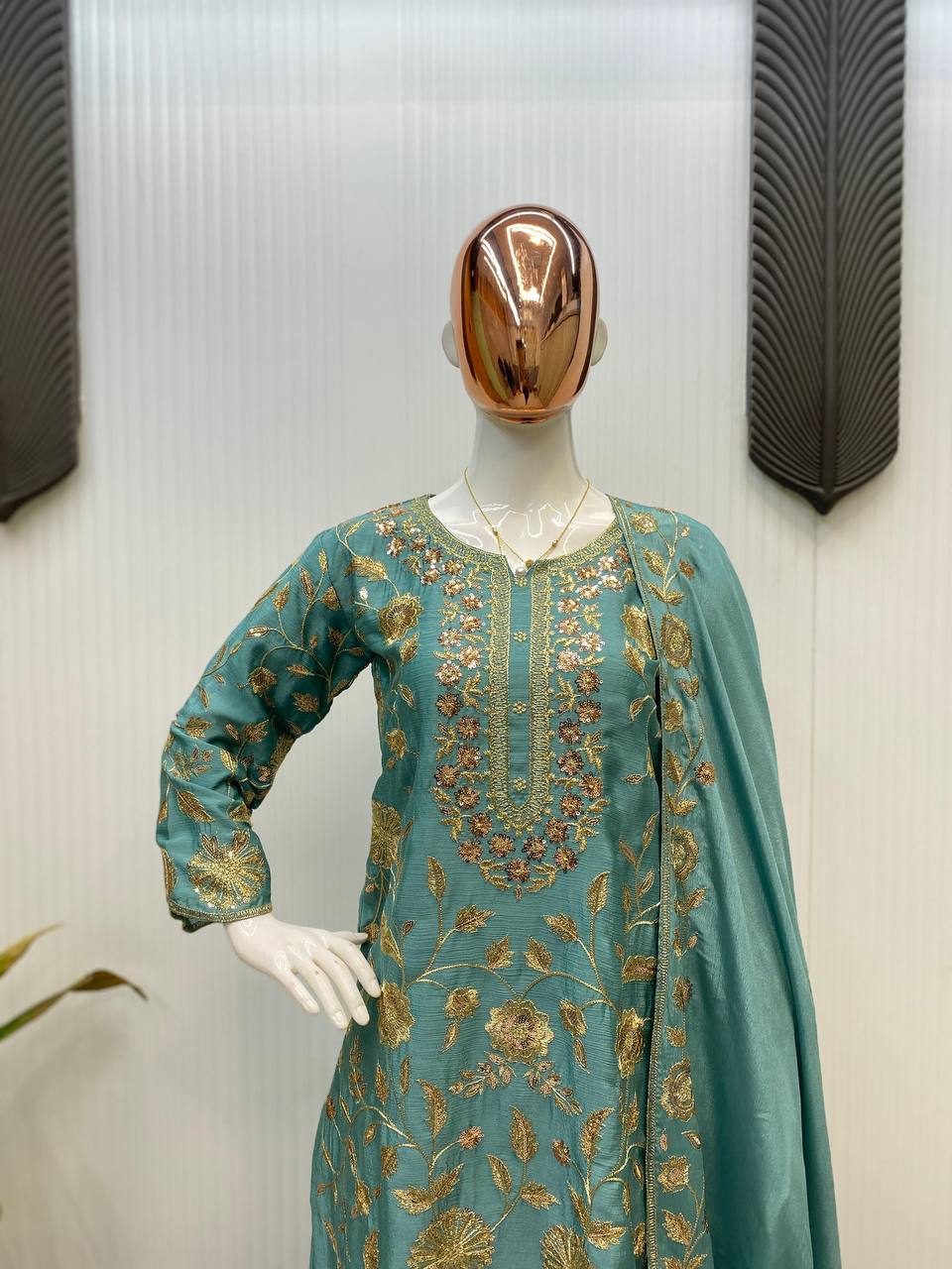 Fantastic Aqua Green Color Chinon With Sequence Embroidery Work Palazzo Suit