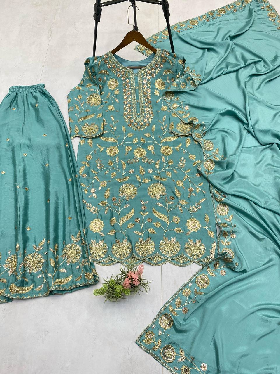 Fantastic Aqua Green Color Chinon With Sequence Embroidery Work Palazzo Suit
