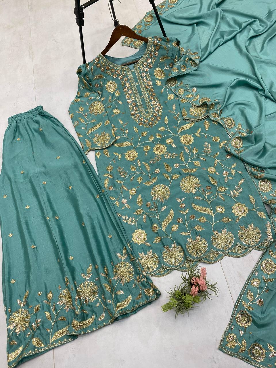 Fantastic Aqua Green Color Chinon With Sequence Embroidery Work Palazzo Suit