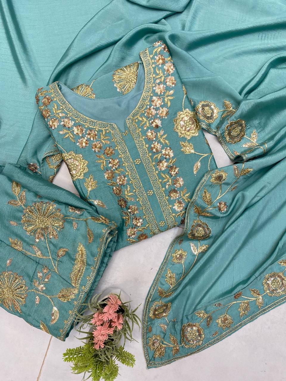 Fantastic Aqua Green Color Chinon With Sequence Embroidery Work Palazzo Suit
