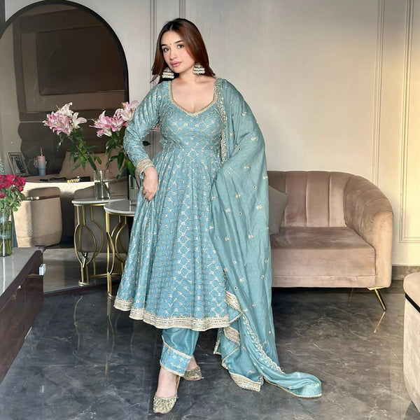 Engagements Wear Sky Blue Color Georgette Anarkali Suit
