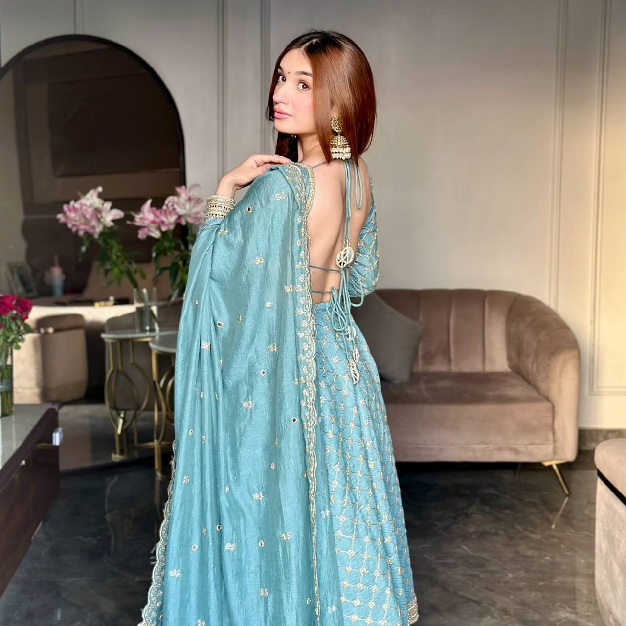 Engagements Wear Sky Blue Color Georgette Anarkali Suit