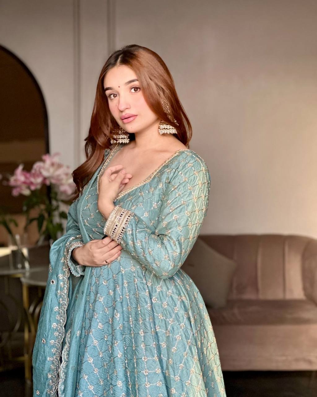 Engagements Wear Sky Blue Color Georgette Anarkali Suit