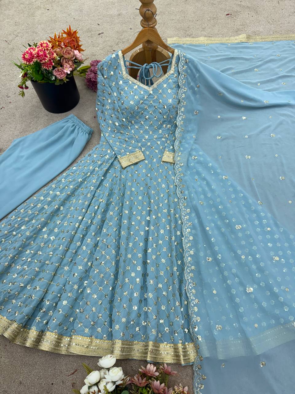 Engagements Wear Sky Blue Color Georgette Anarkali Suit