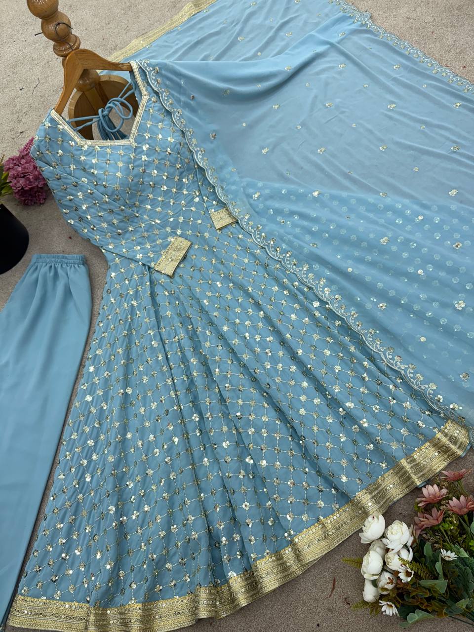 Engagements Wear Sky Blue Color Georgette Anarkali Suit