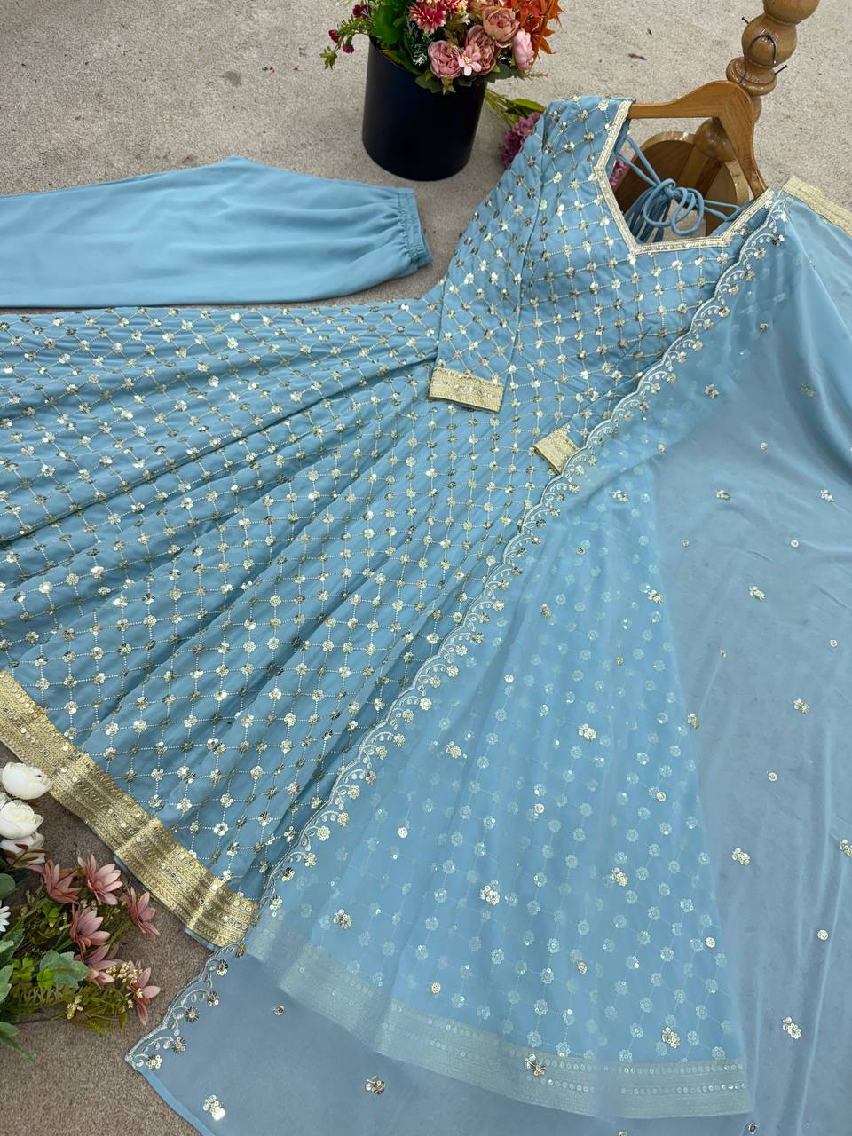 Engagements Wear Sky Blue Color Georgette Anarkali Suit