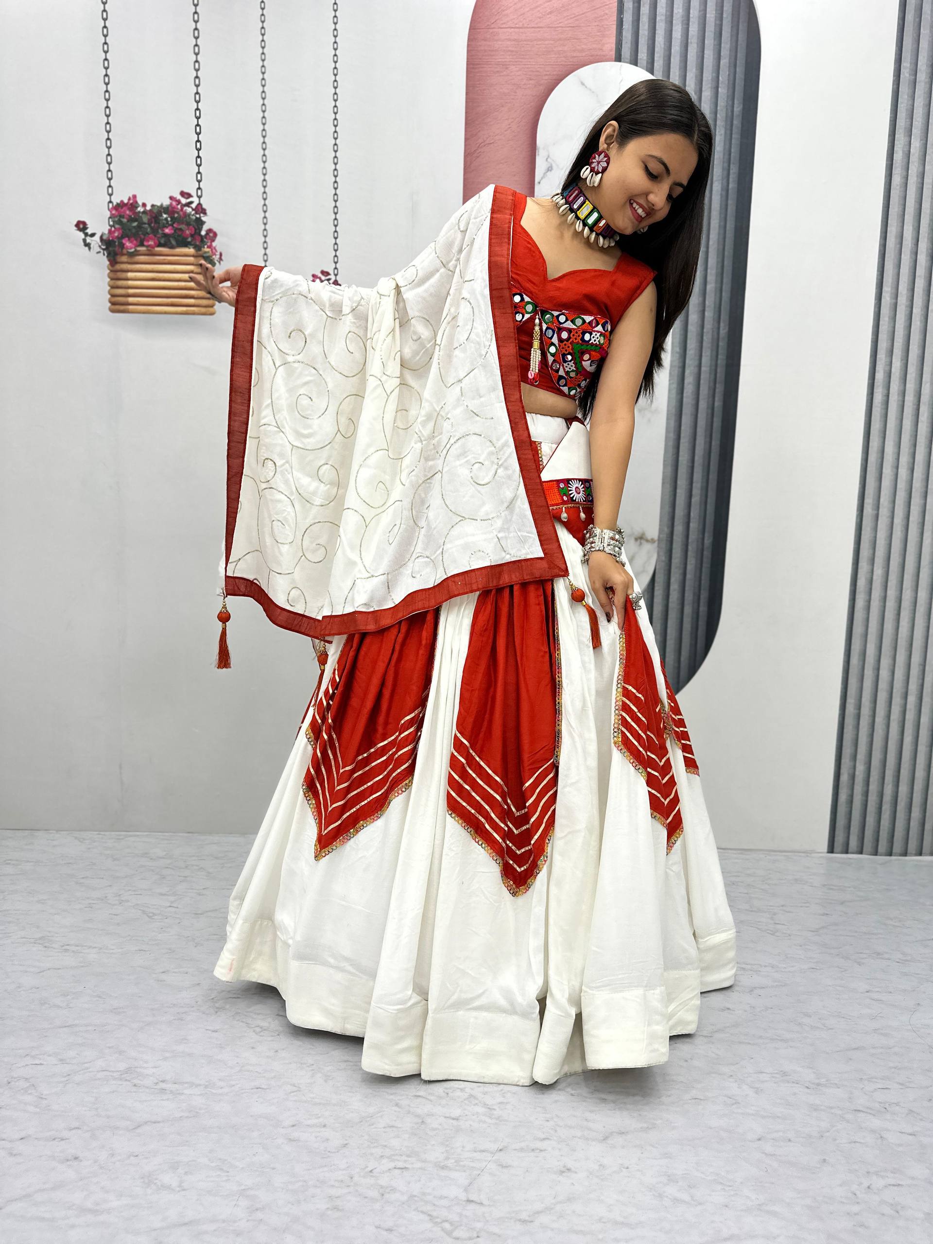 Navratril Special Wear Red And White Color Cotton Lehenga Choli Set