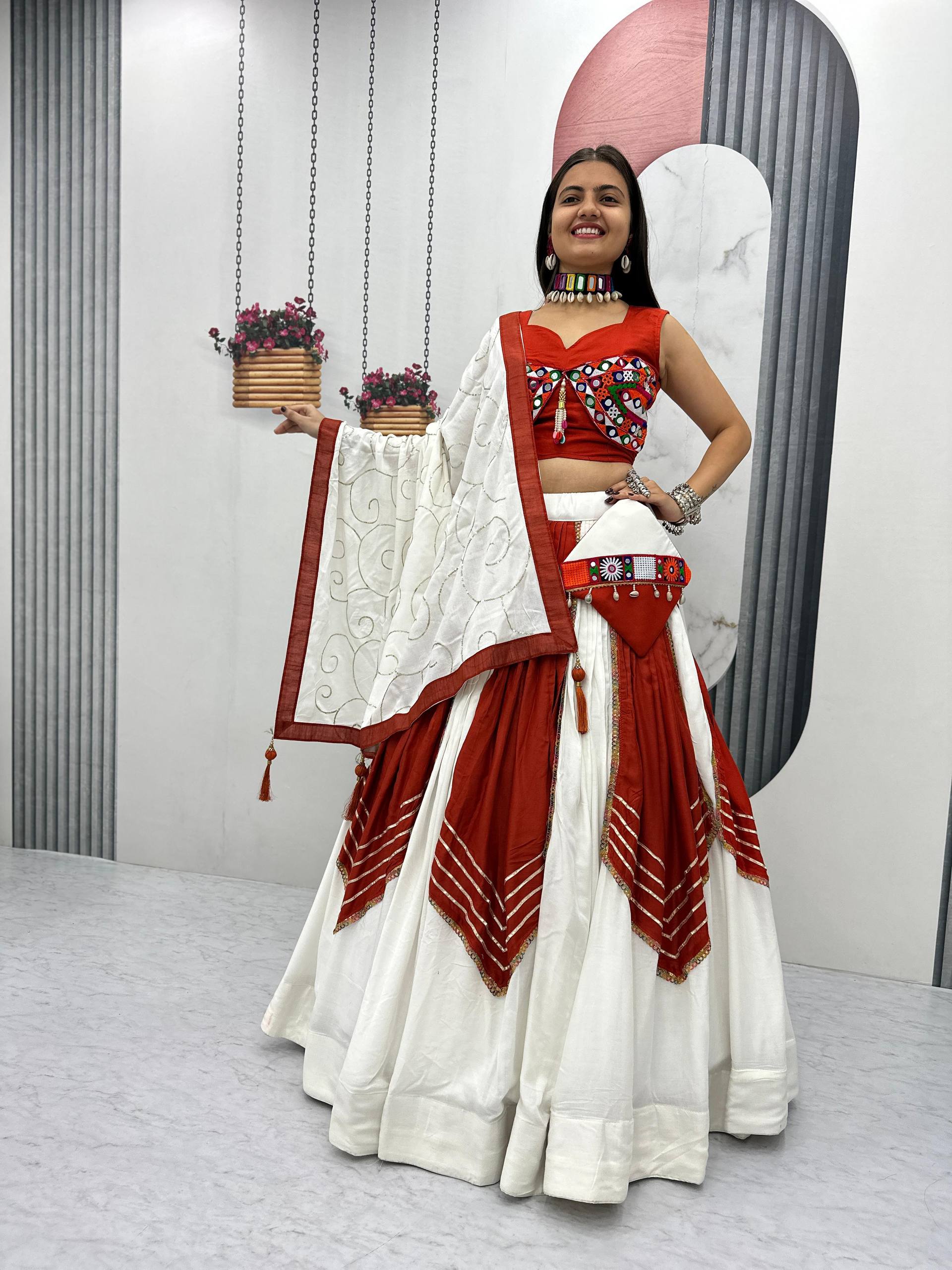 Navratril Special Wear Red And White Color Cotton Lehenga Choli Set