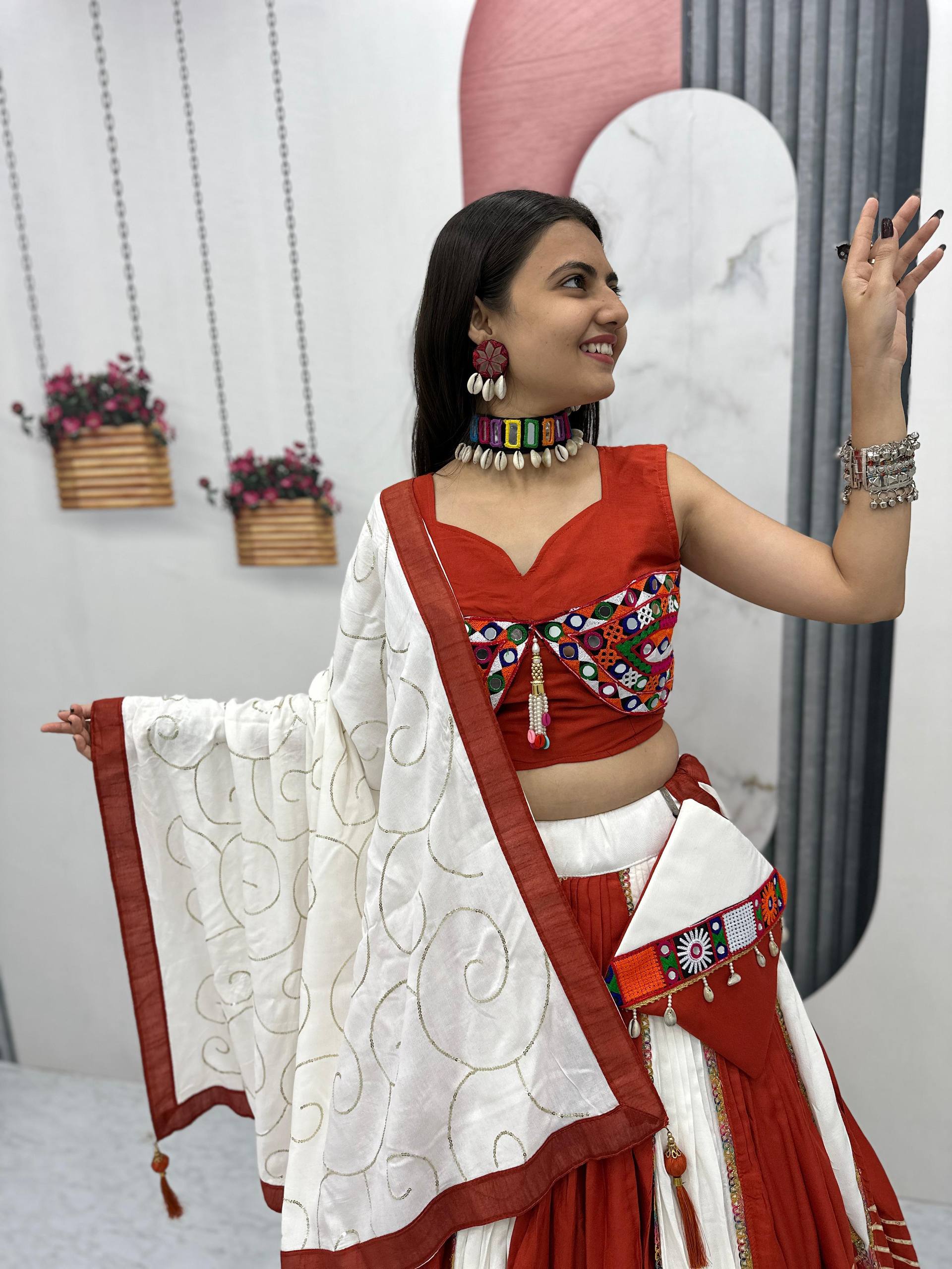 Navratril Special Wear Red And White Color Cotton Lehenga Choli Set