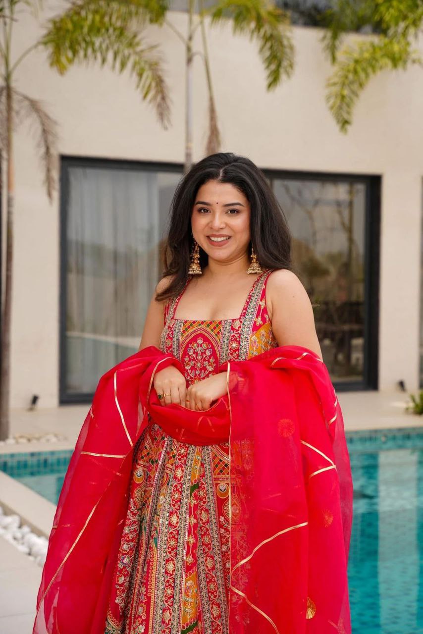 Wedding Wear Red Color Digital Printed Jimmy Organza Silk Anarkali Gown