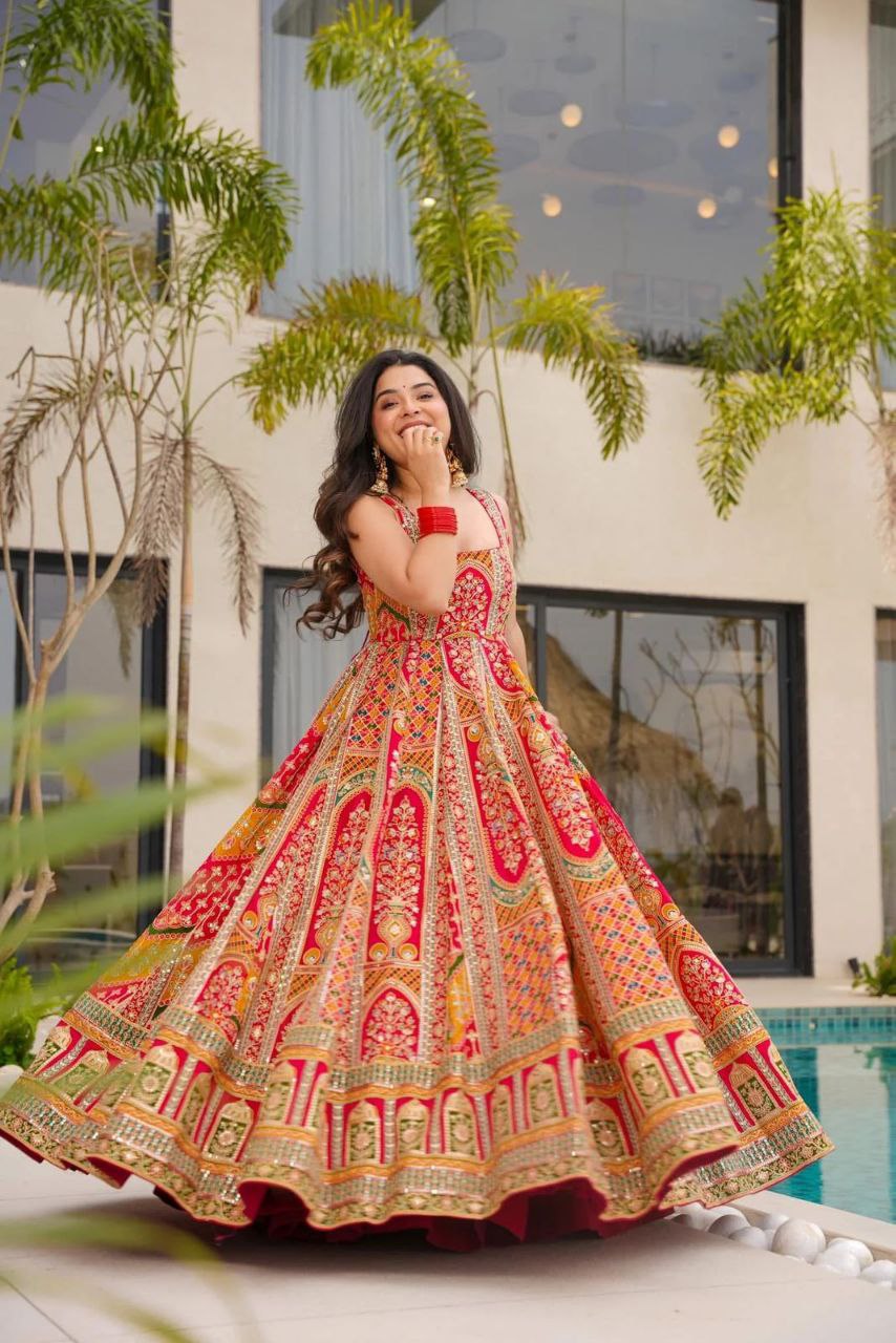 Wedding Wear Red Color Digital Printed Jimmy Organza Silk Anarkali Gown