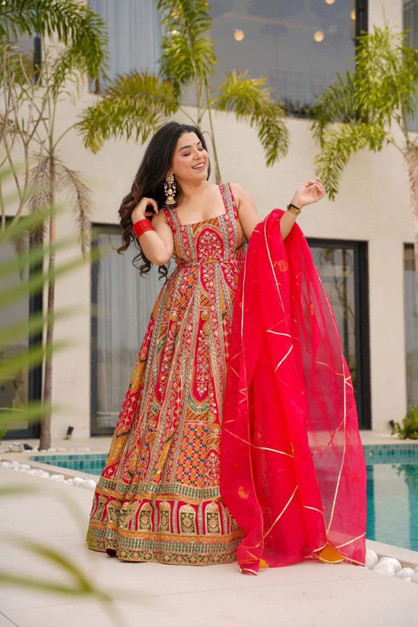 Wedding Wear Red Color Digital Printed Jimmy Organza Silk Anarkali Gown
