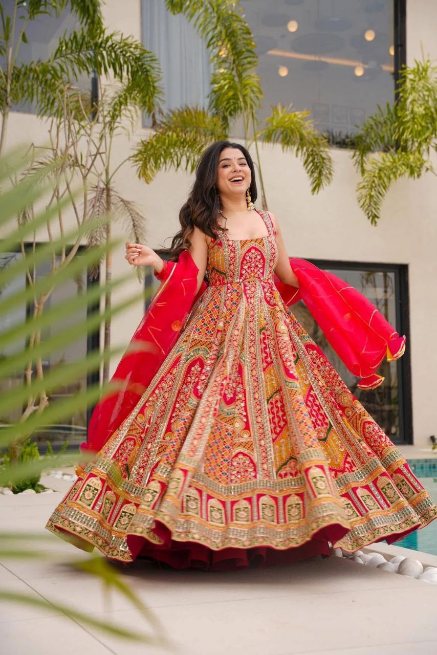 Wedding Wear Red Color Digital Printed Jimmy Organza Silk Anarkali Gown