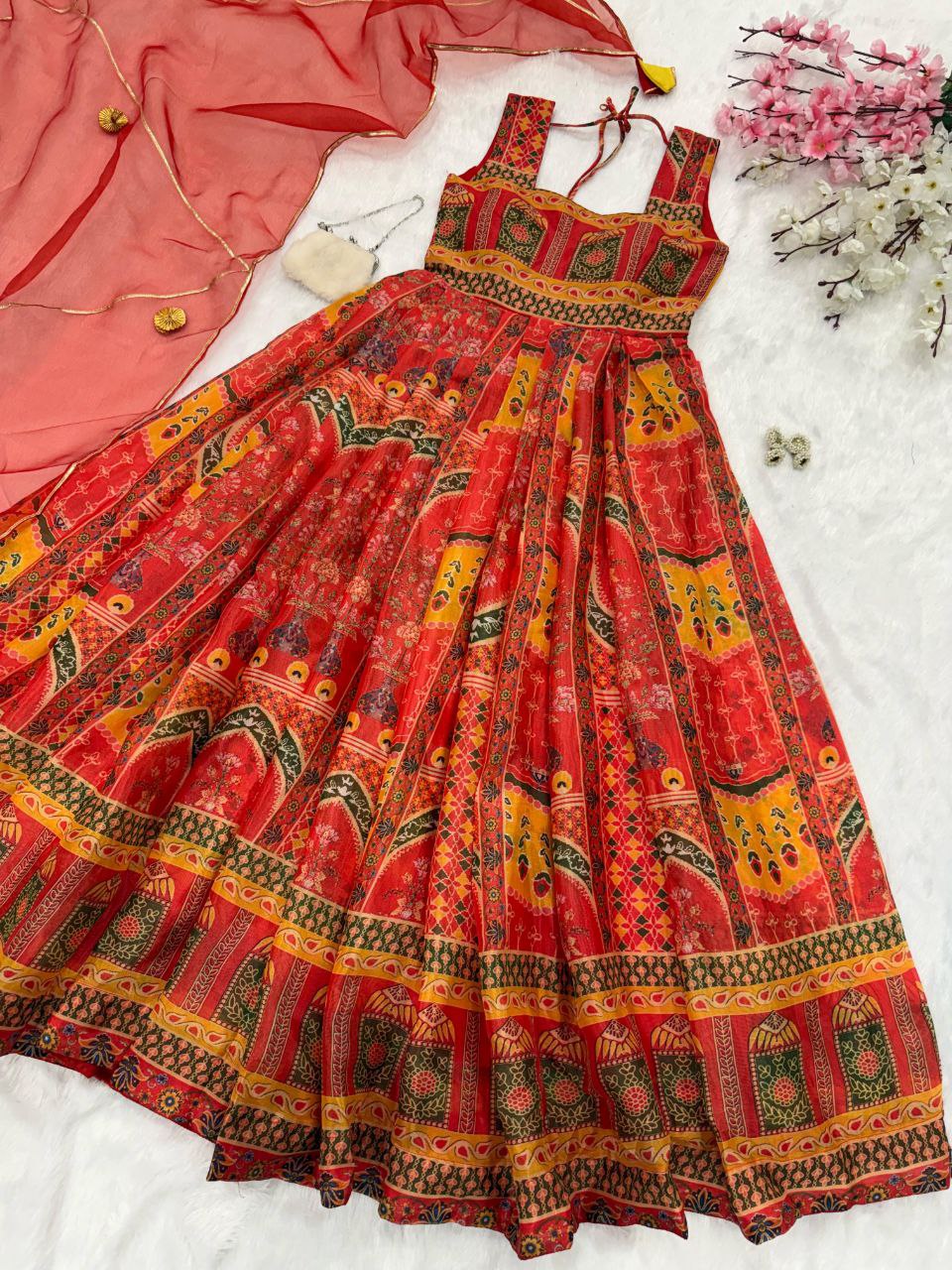 Wedding Wear Red Color Digital Printed Jimmy Organza Silk Anarkali Gown