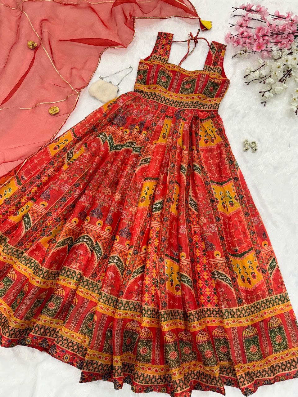 Wedding Wear Red Color Digital Printed Jimmy Organza Silk Anarkali Gown