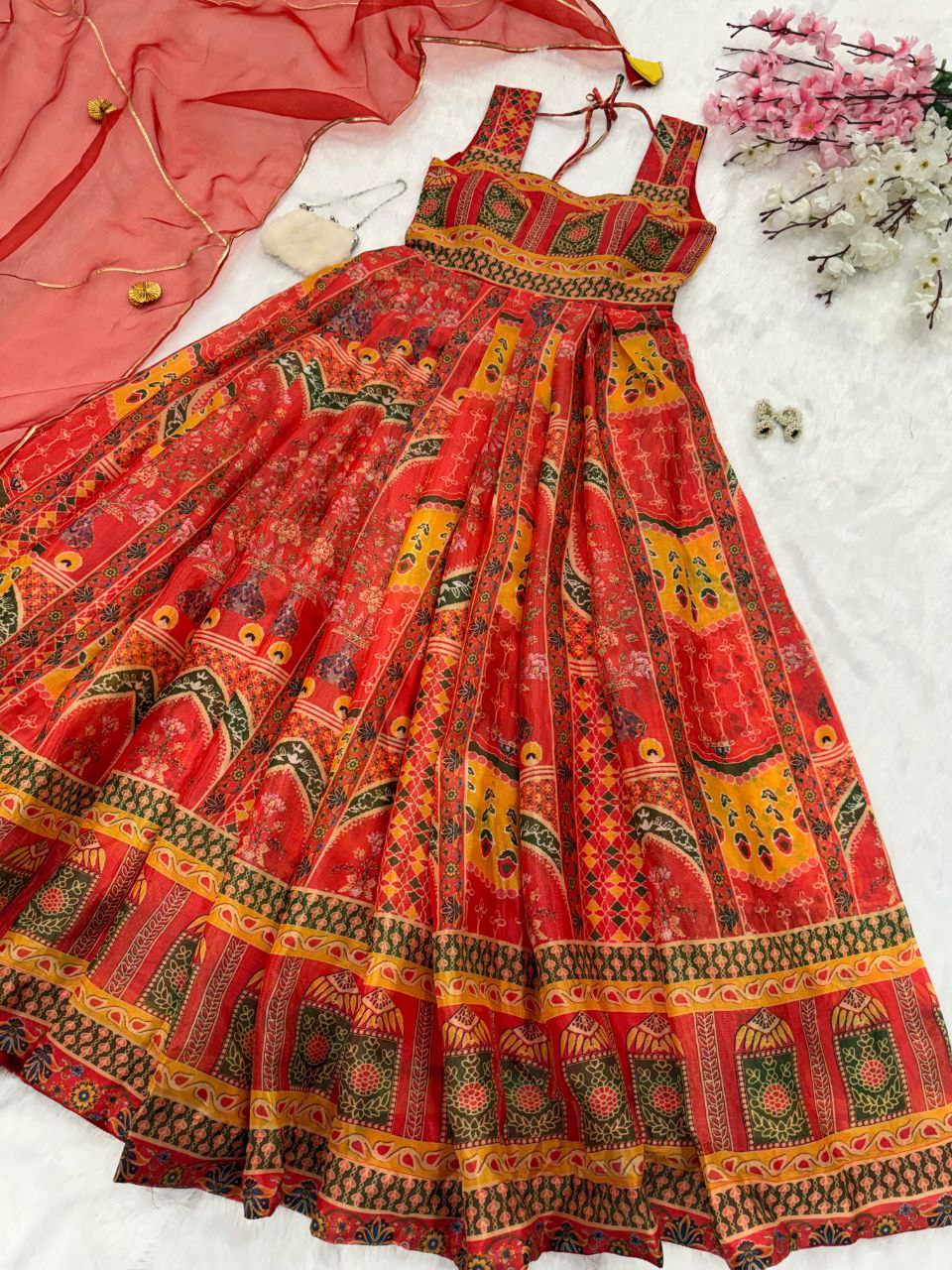 Wedding Wear Red Color Digital Printed Jimmy Organza Silk Anarkali Gown