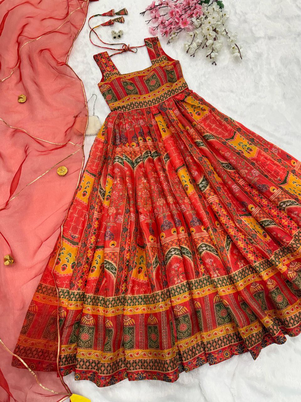Wedding Wear Red Color Digital Printed Jimmy Organza Silk Anarkali Gown