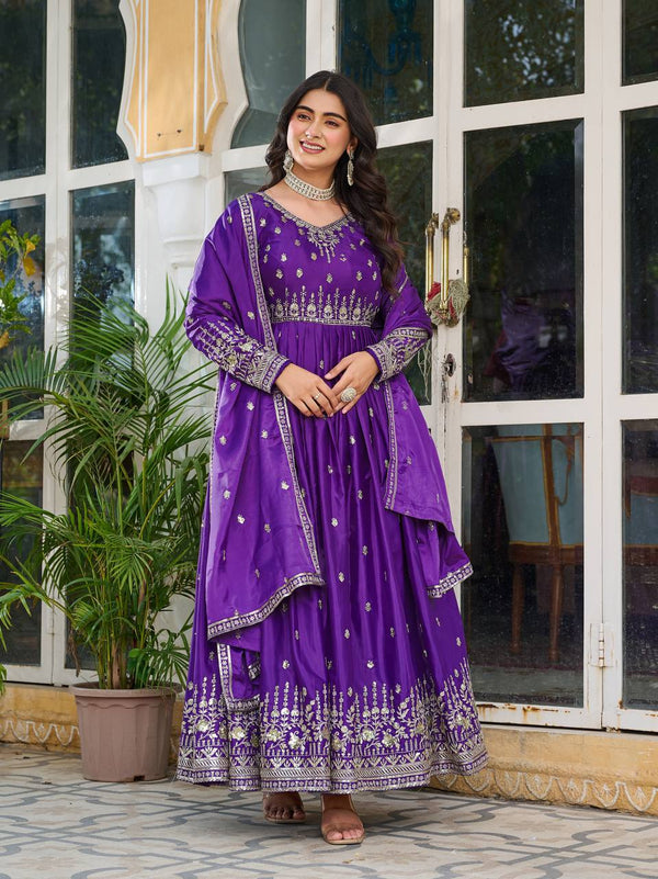 Party Wear Purple Color American Silk And Thread With Sequence Work Gown