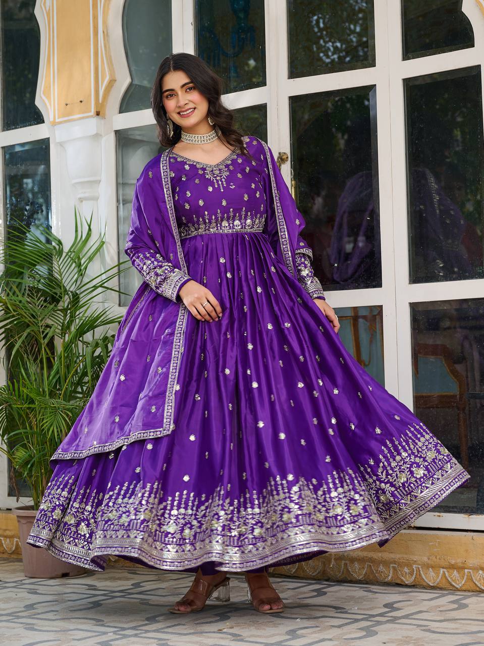 Party Wear Purple Color American Silk And Thread With Sequence Work Gown