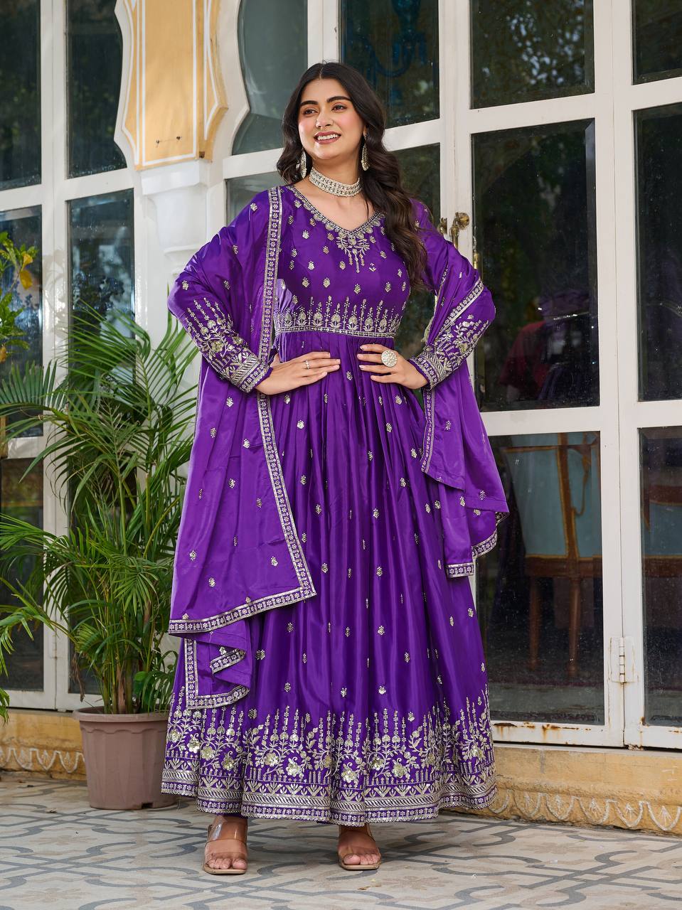 Party Wear Purple Color American Silk And Thread With Sequence Work Gown
