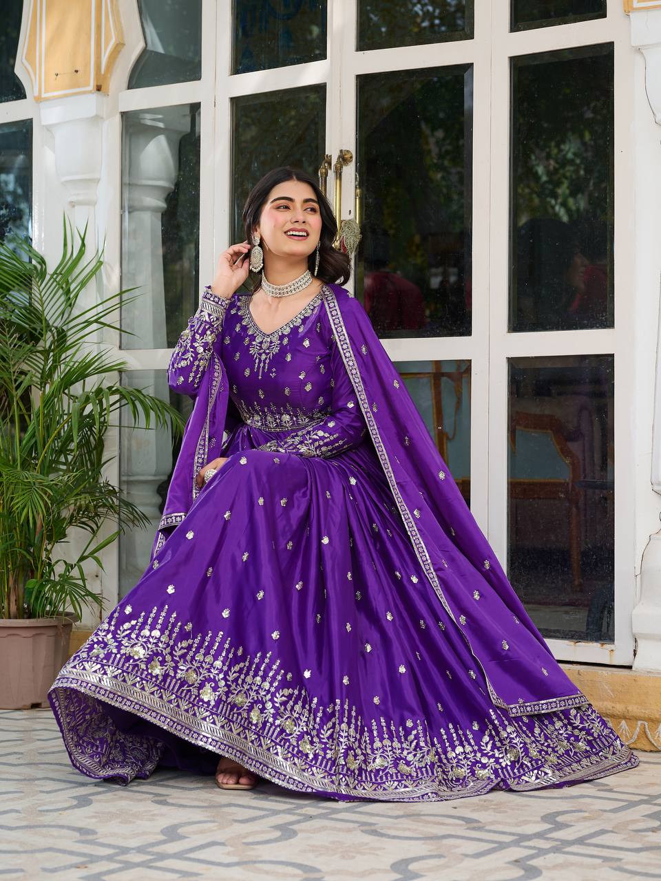 Party Wear Purple Color American Silk And Thread With Sequence Work Gown