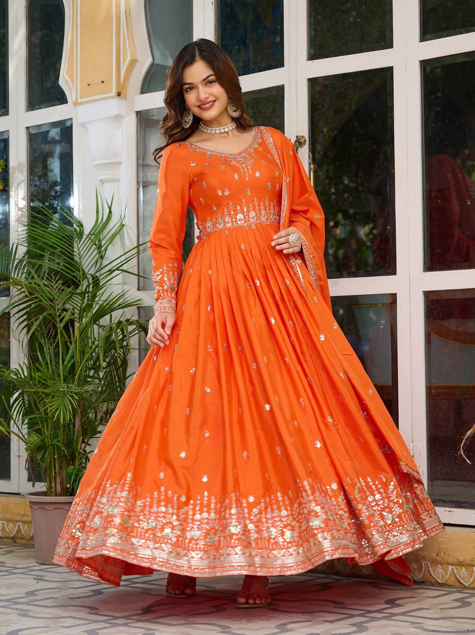 Party Wear Orange Color American Silk And Thread With Sequence Work Gown