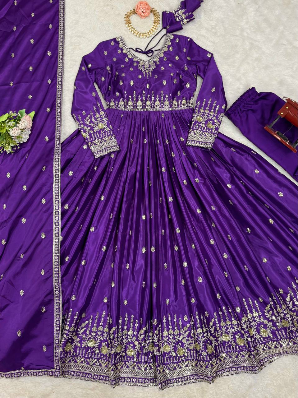 Party Wear Purple Color American Silk And Thread With Sequence Work Gown