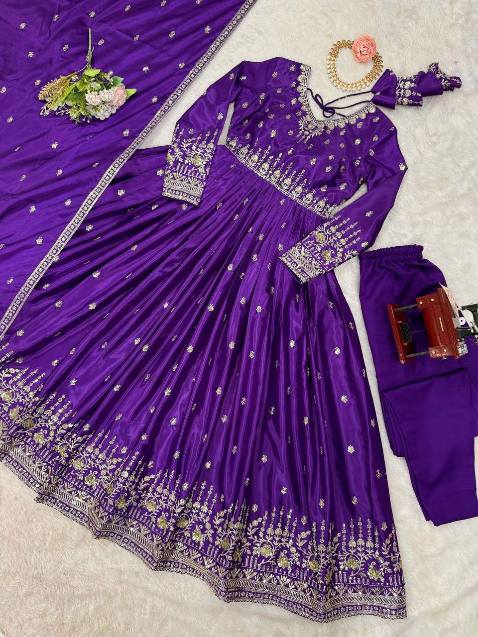 Party Wear Purple Color American Silk And Thread With Sequence Work Gown