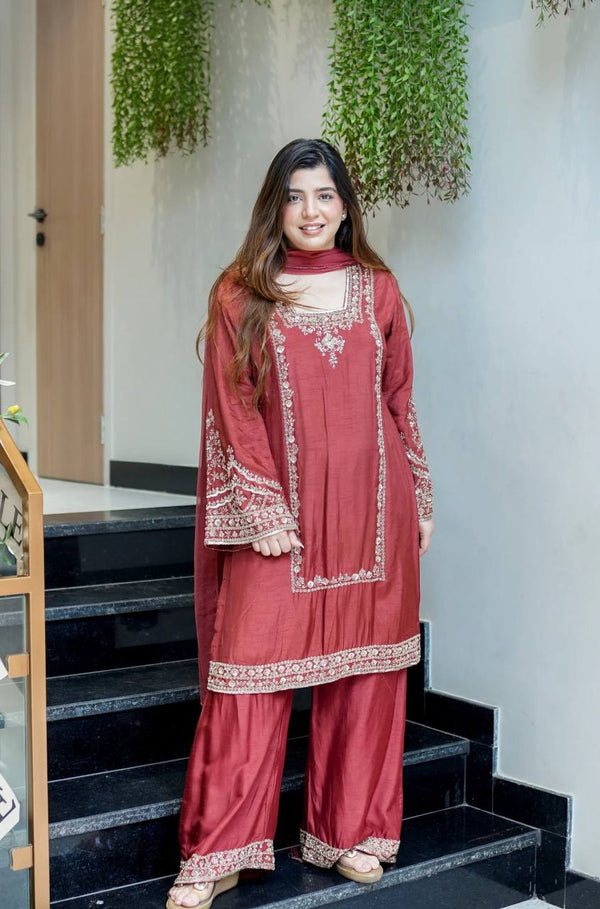 Wedding Wear Brown Color Ready To Wear Designer Palazzo Suit Set