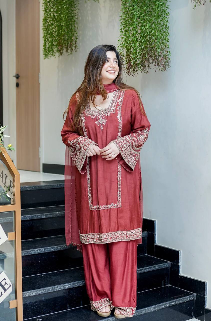 Wedding Wear Brown Color Ready To Wear Designer Palazzo Suit Set