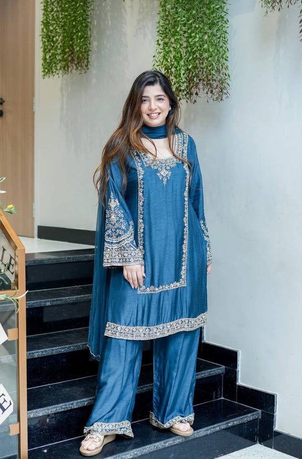 Party Wear Teal Color Ready To Wear Designer Palazzo Suit Set