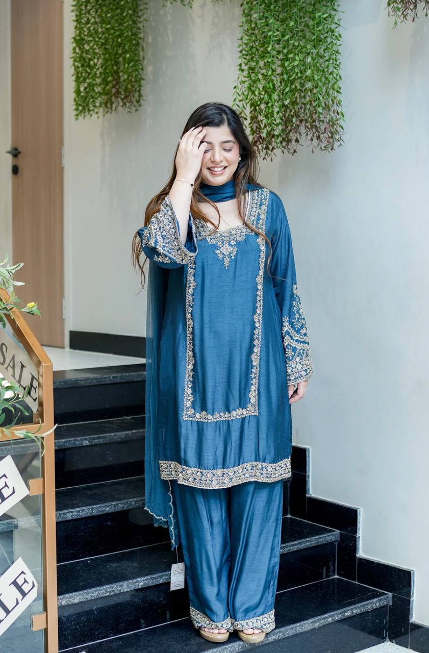 Party Wear Teal Color Ready To Wear Designer Palazzo Suit Set