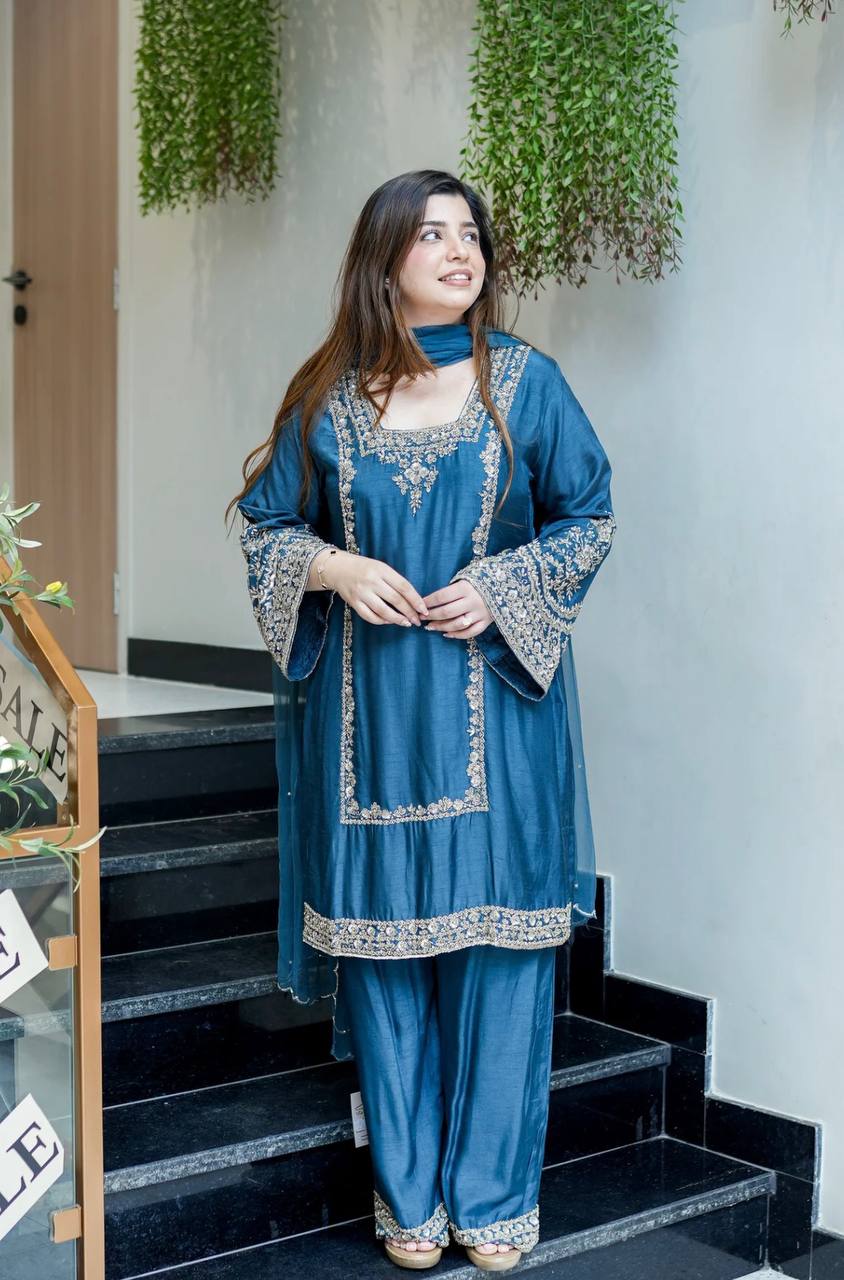 Party Wear Teal Color Ready To Wear Designer Palazzo Suit Set