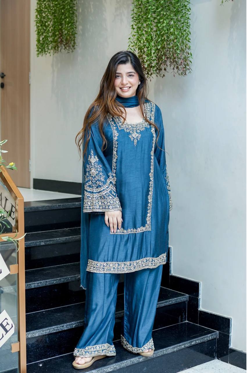 Party Wear Teal Color Ready To Wear Designer Palazzo Suit Set