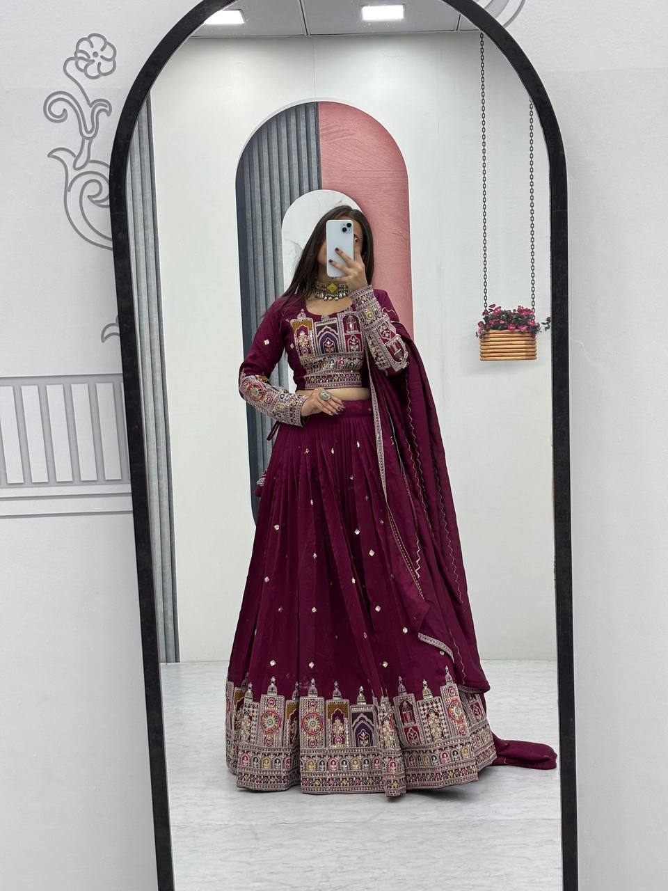 Traditional Wear Wine Color Pure Vichitra Heavy Embroidery Coading Sequence Thread Work Lehenga Choli