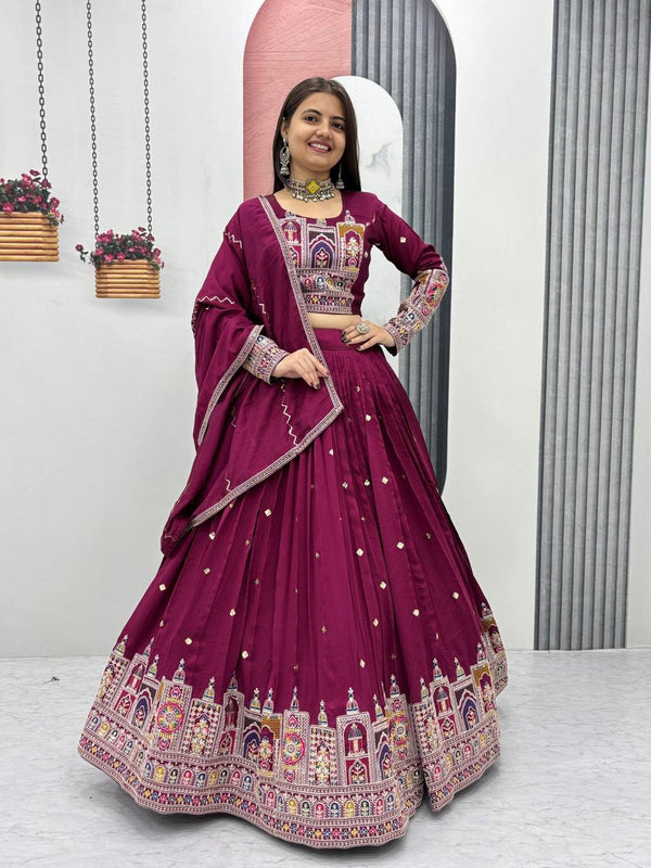 Traditional Wear Wine Color Pure Vichitra Heavy Embroidery Coading Sequence Thread Work Lehenga Choli