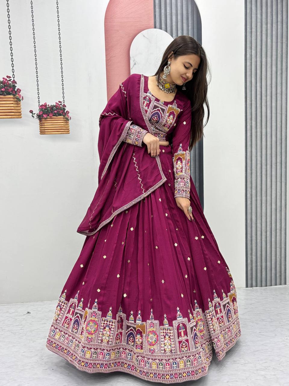 Traditional Wear Wine Color Pure Vichitra Heavy Embroidery Coading Sequence Thread Work Lehenga Choli